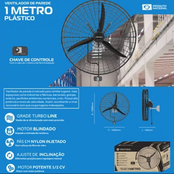 Ventisol Parede 1 Metro Preto 220v (Plástico)