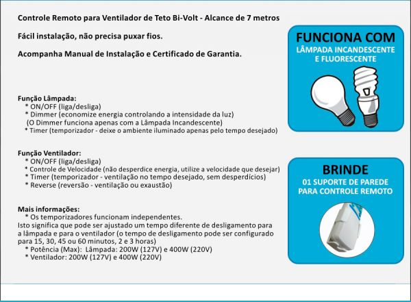 CONTROLE REMOTO P/ VENTILADOR DE TETO (TODOS)