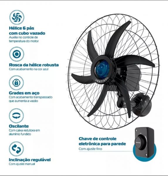 Ventisol Parede 60 Cm 230W Oscilante Preto - Falcon